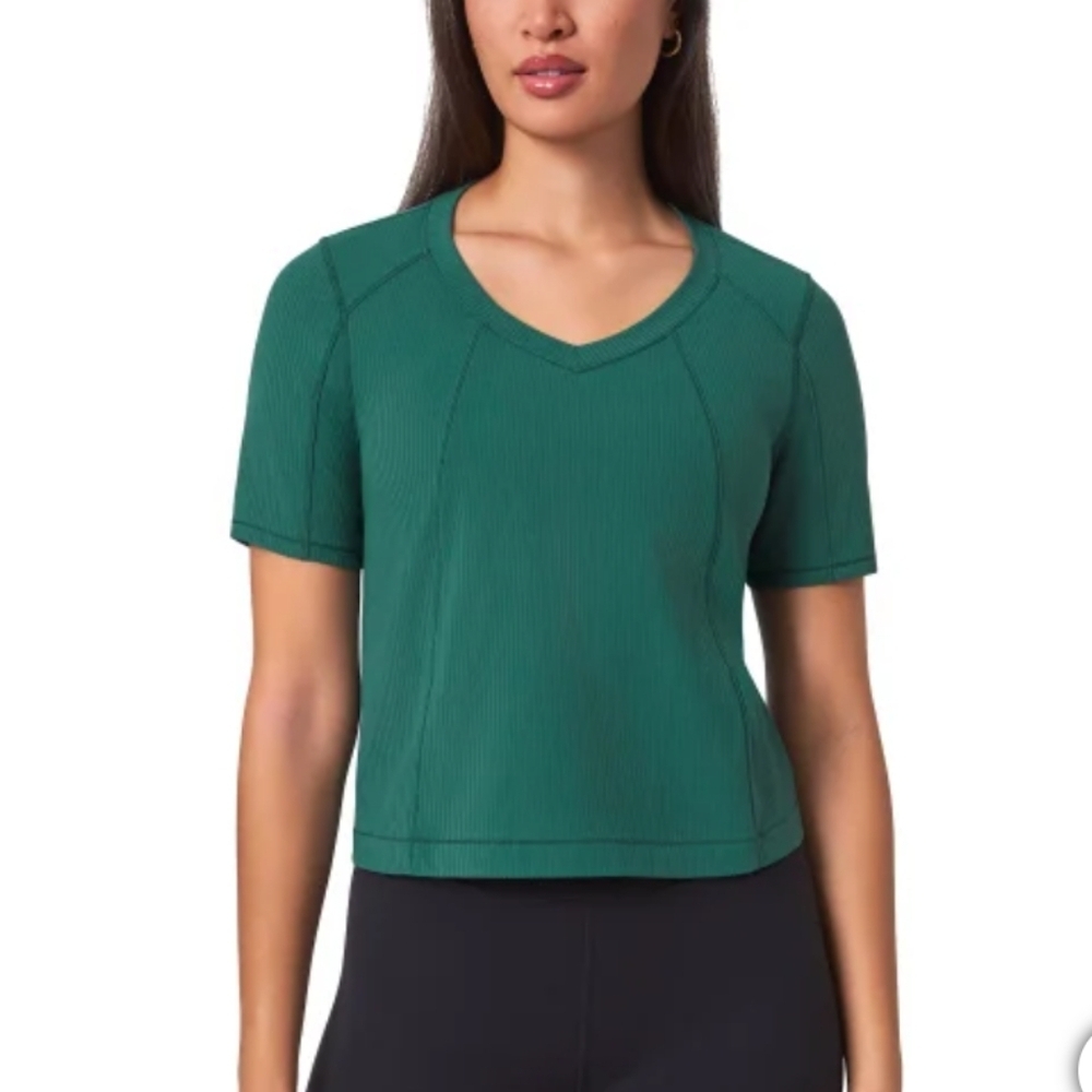 NWT Mondetta Women's Short Sleeve Ribbed V-Neck cropped‎ Tee Green M gym outdoor